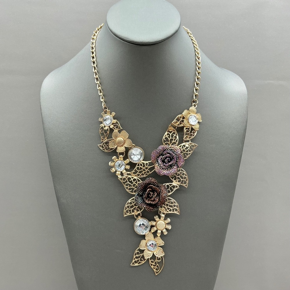 Betsey Johnson Statement Necklace Women Gold Floral Rhinestone Rose Bib Jewelry